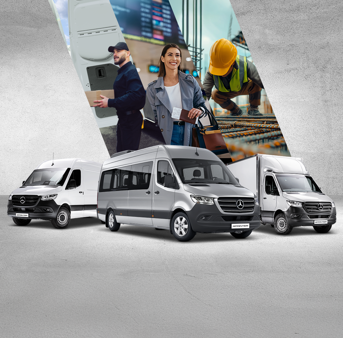 Condições especiais | Mercedes-Benz Vans Três modelos Mercedes-Benz Sprinter em um ambiente externo.