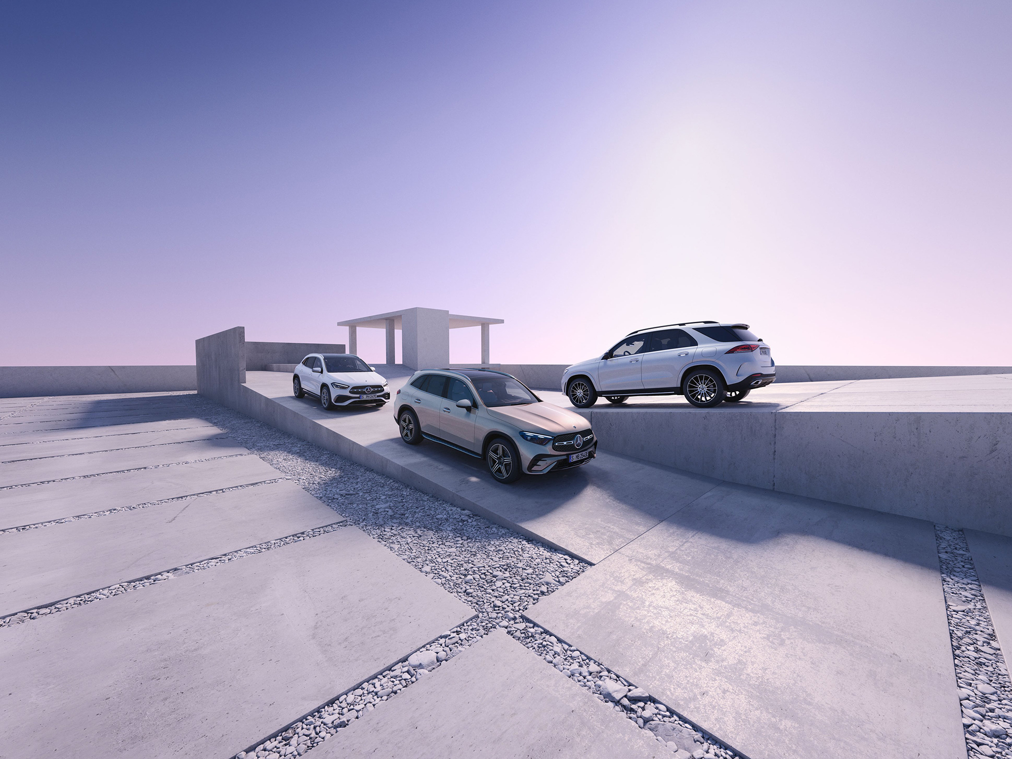 Business Solutions | Mercedes-Benz Três automóveis Mercedes-Benz em um fundo fantasia.