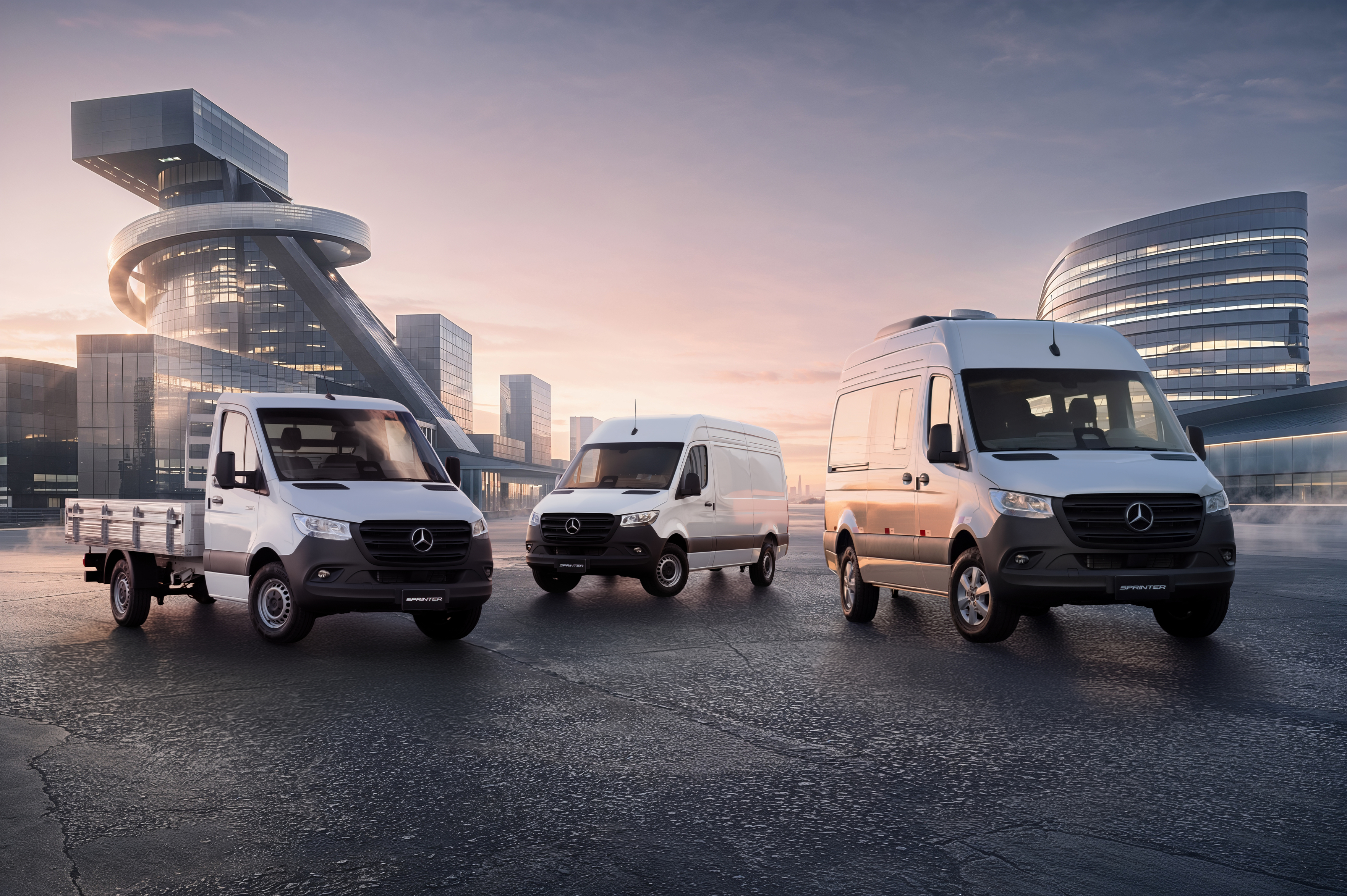 Sprinter Automática | Vans Mercedes-Benz Três modelos Mercedes-Benz Sprinter em um ambiente externo.