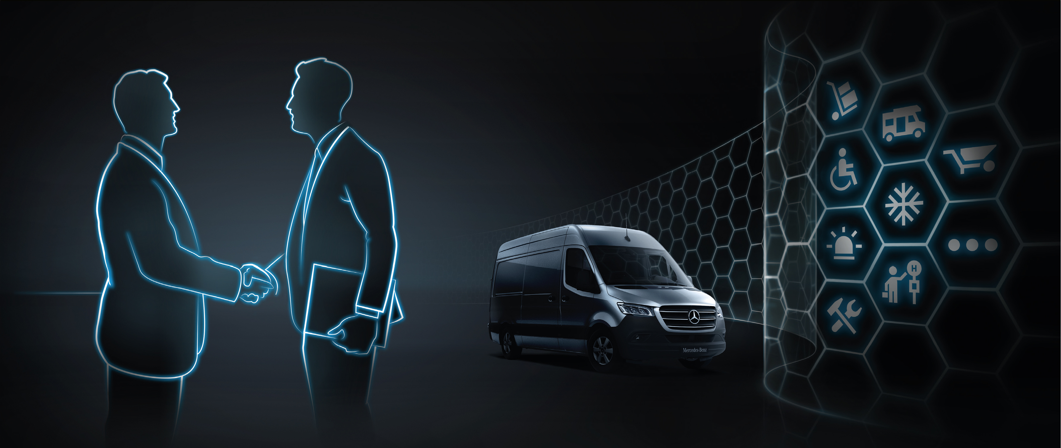 Programa Mercedes-Benz VanPartner - Mercedes-Benz Uma Mercedes-Benz Sprinter Furgão em fundo produzido digitalmente.