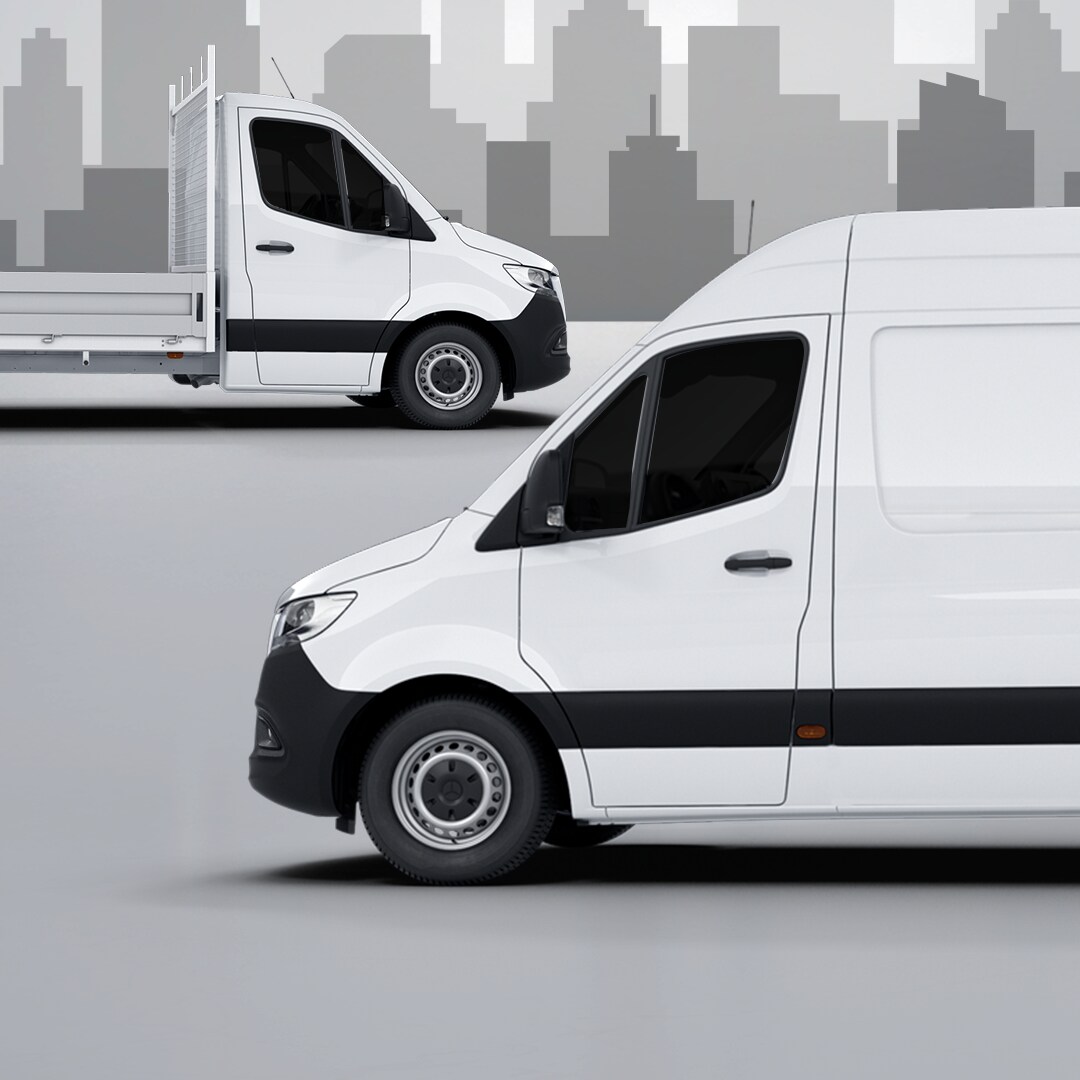 Dois veículos Mercedes-Benz Sprinter em um fundo ilustrado digitalmente.