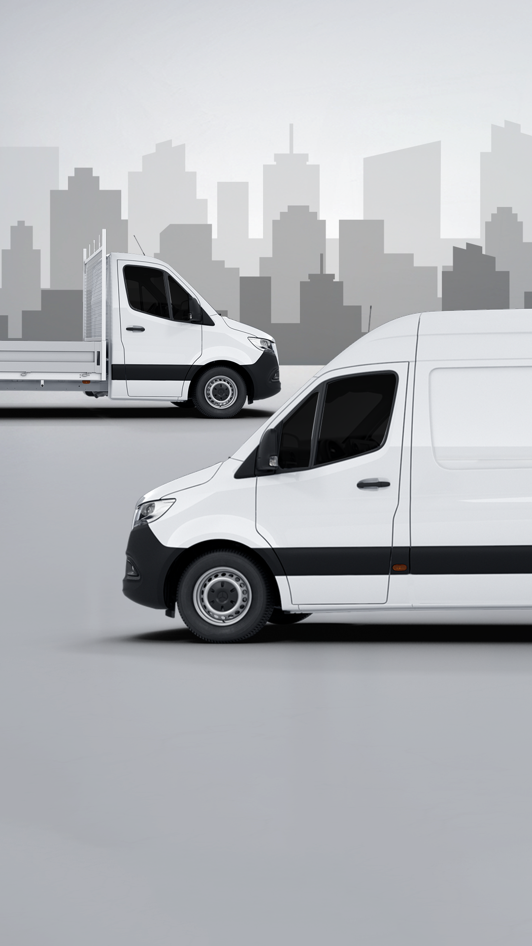 Dois veículos Mercedes-Benz Sprinter em um fundo ilustrado digitalmente.