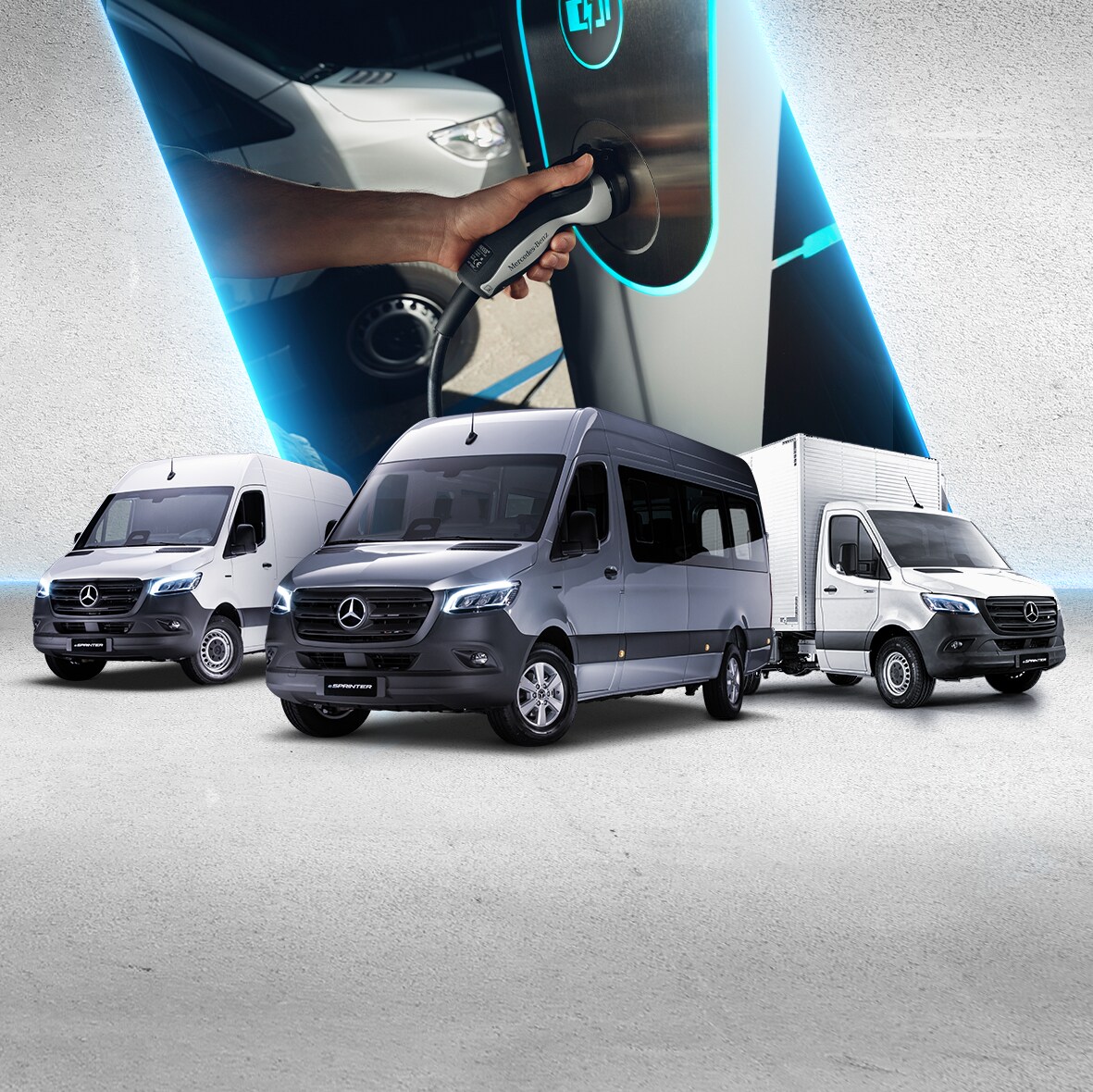 Três modelos diferentes da linha eSprinter Vans Elétricas.