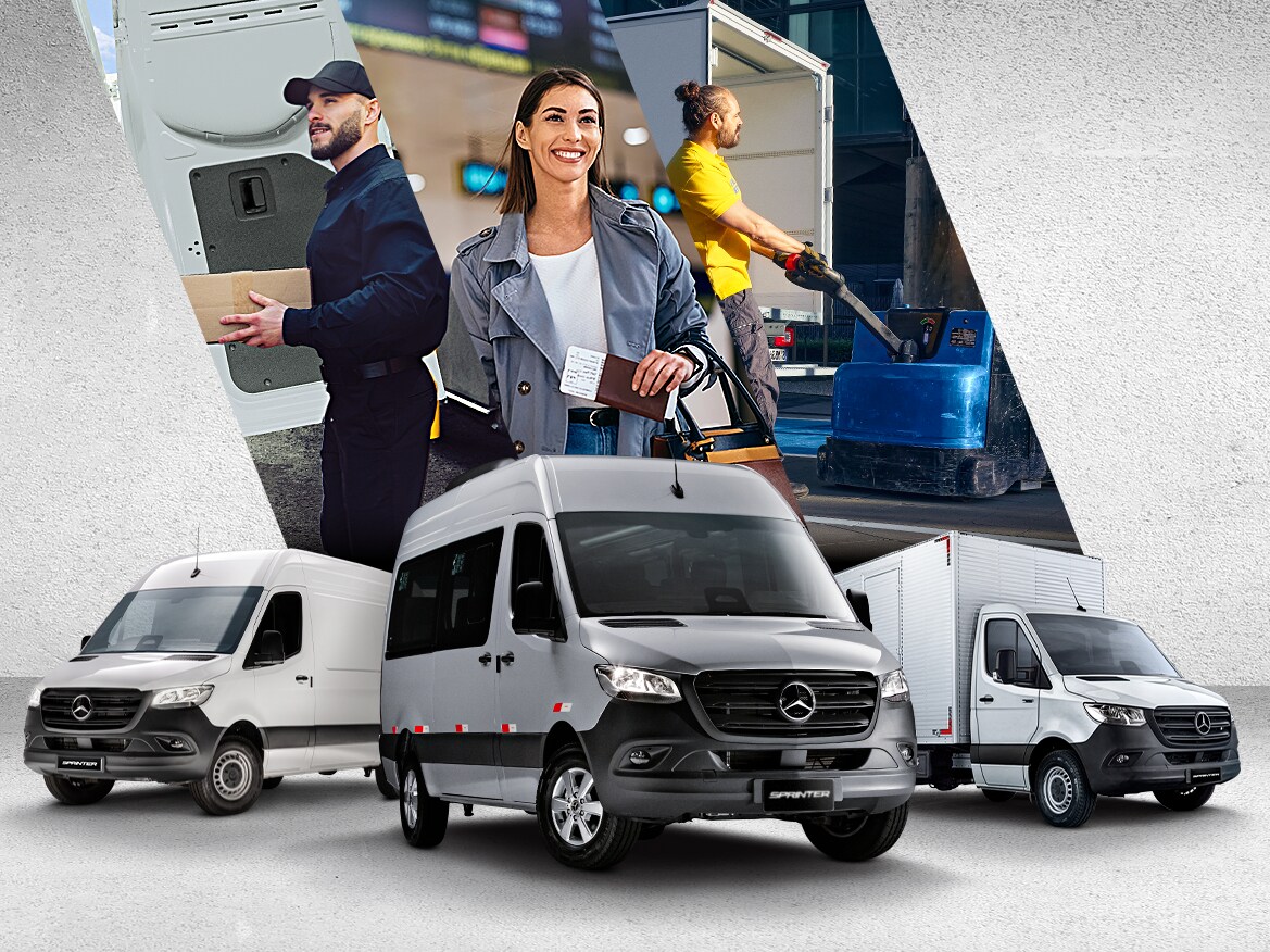 Três veículos e vans da linha Sprinter.