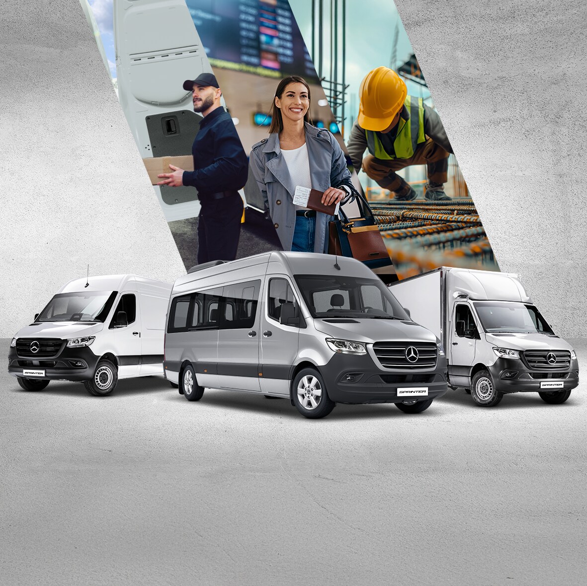 Três modelos Mercedes-Benz Sprinter em um ambiente externo.