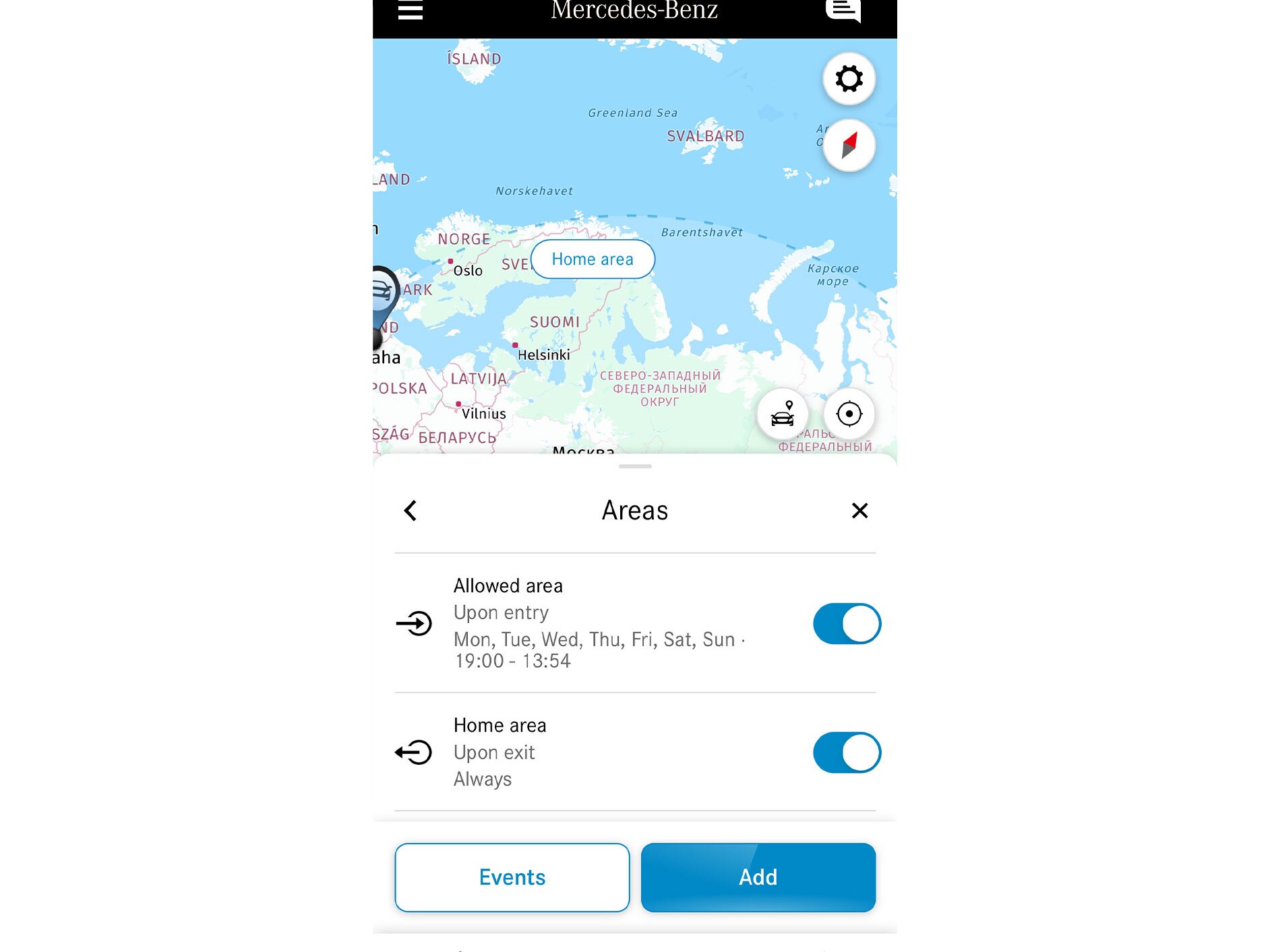 Em um smartphone é exibida a informação de que o veículo está circulando dentro ou fora de uma determinada área graças à funcionalidade digital extra Geolocalizador.