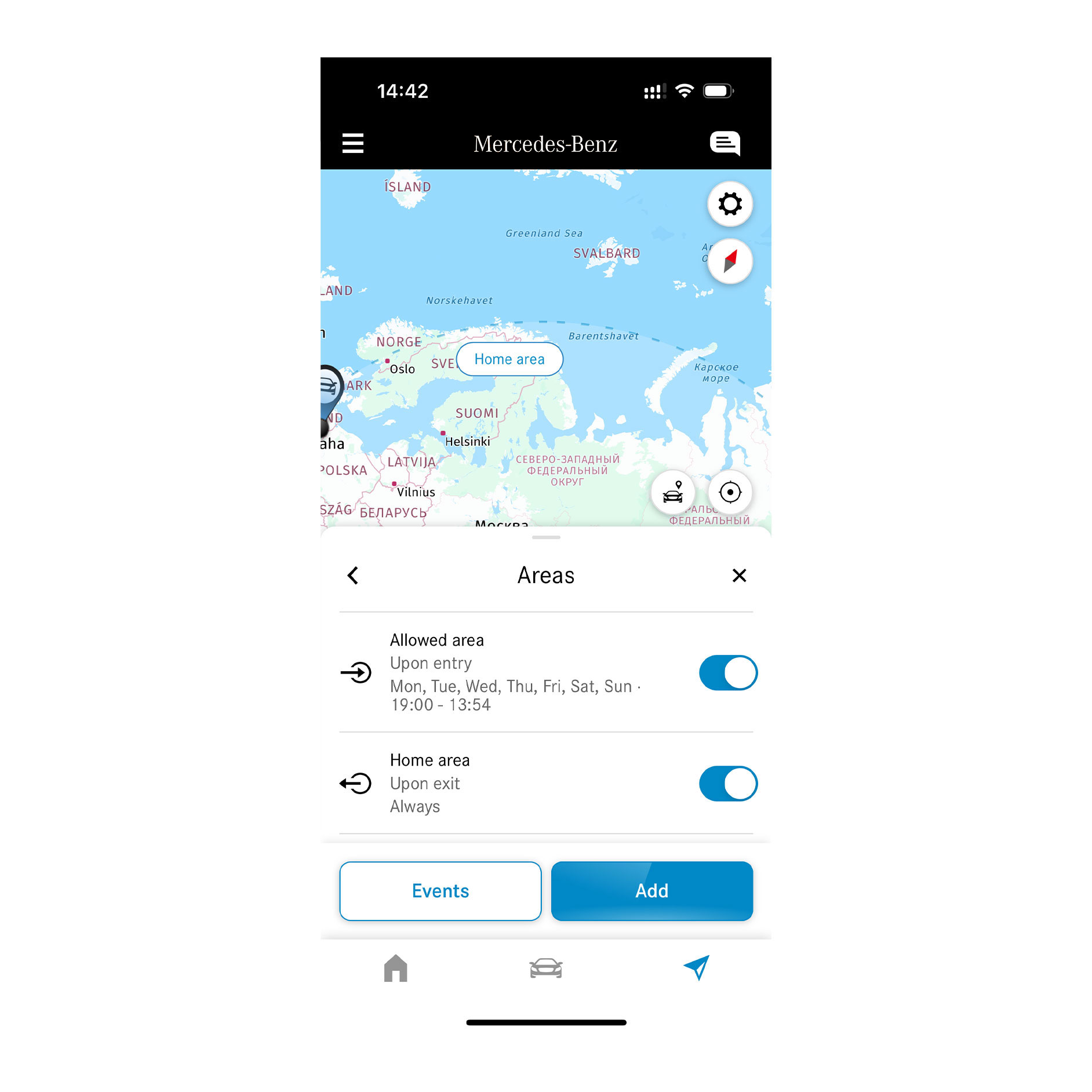 Geolocalizador | Serviços Remotos | Mercedes-Benz Em um smartphone é exibida a informação de que o veículo está circulando dentro ou fora de uma determinada área graças à funcionalidade digital extra Geolocalizador.