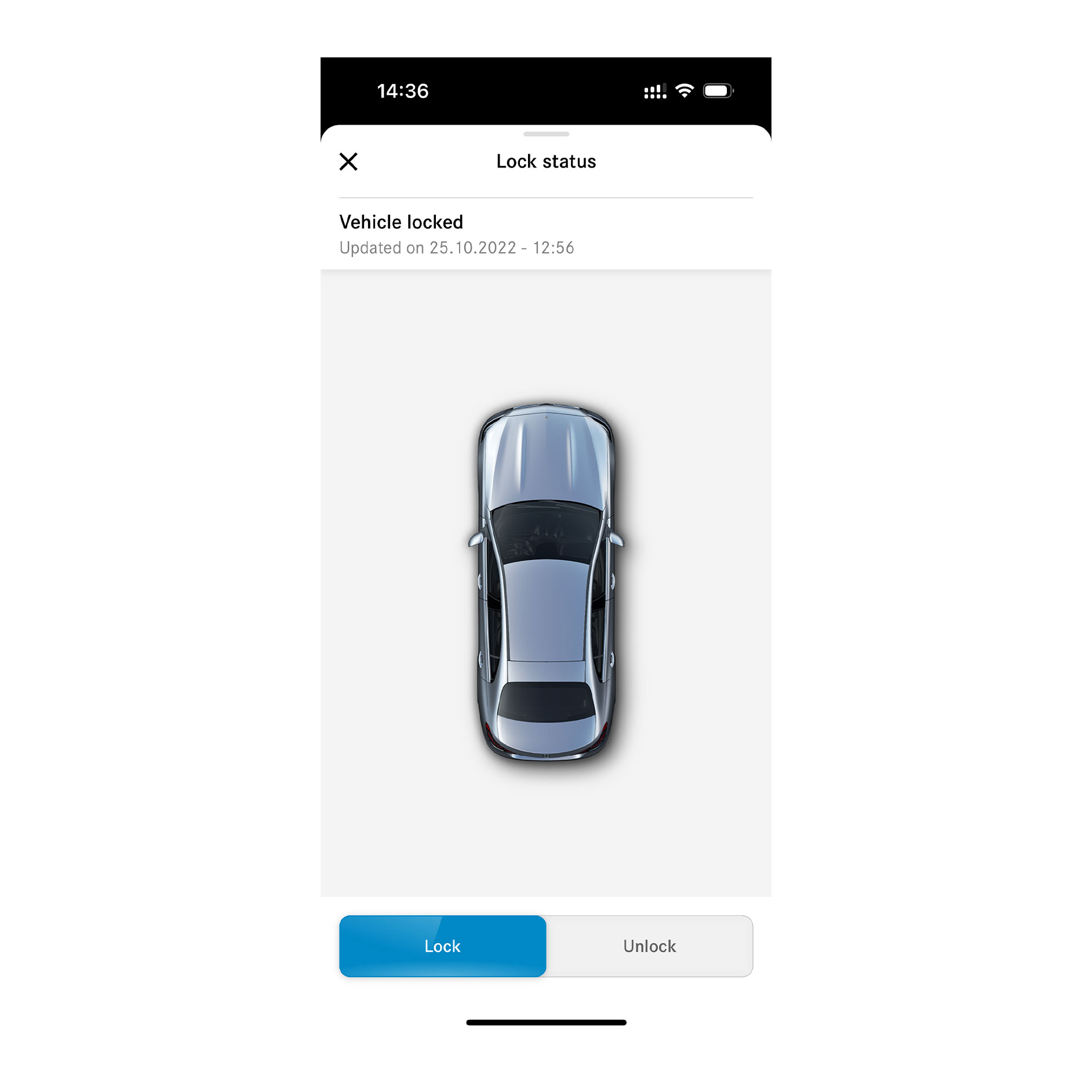 Travamento e destravamento de portas remoto | Serviços Remotos | Mercedes-Benz Um smartphone mostra a tela que é exibida quando a funcionalidade digital extra Travamento e destravamento de portas remoto determina que todas as portas estão travadas.