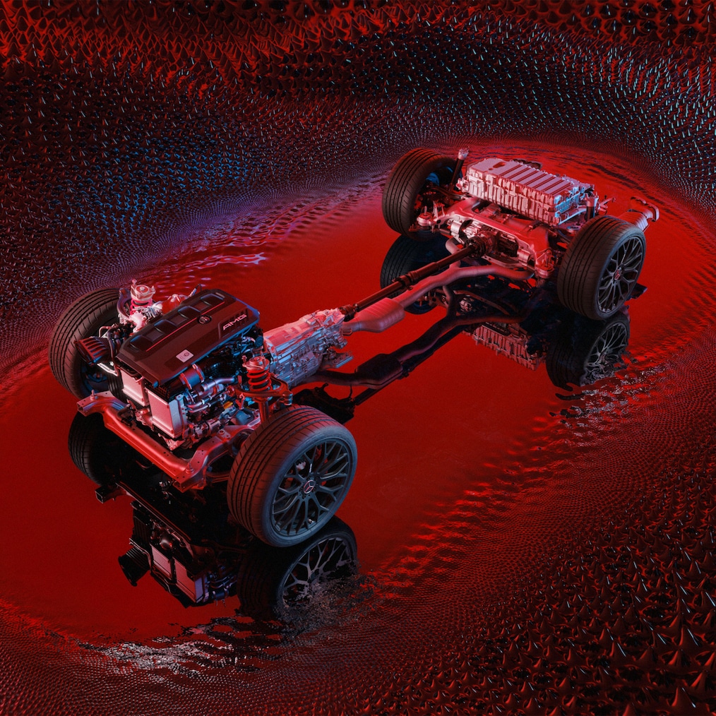 O chassi com trem de força da Mercedes-AMG C 63 S E PERFORMANCE.