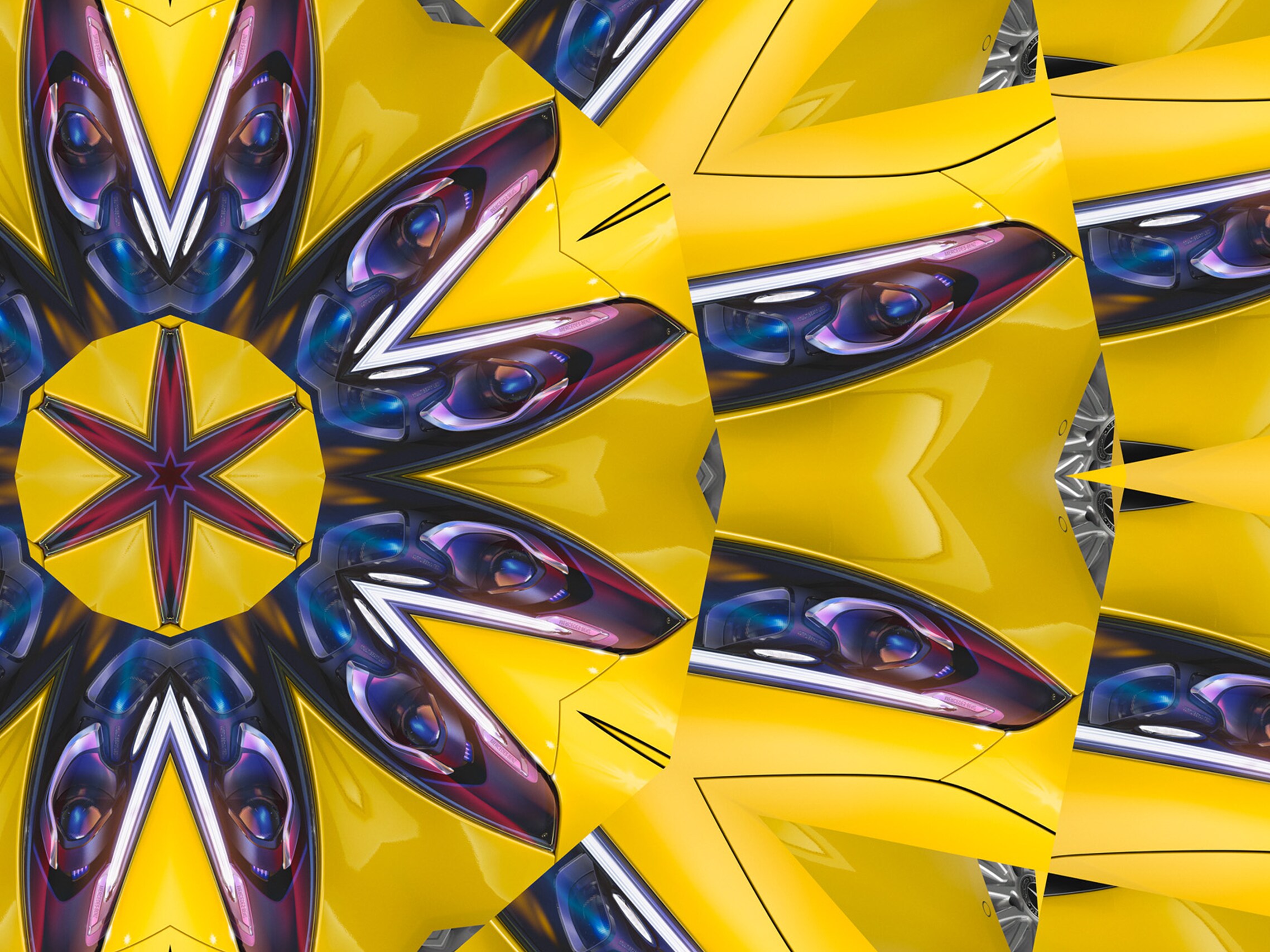 A imagem apresenta a vista frontal de um Mercedes-Benz Classe A em uma representação caleidoscópica.