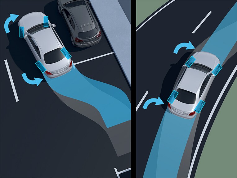 Uma ilustração do sistema de direção do eixo traseiro do EQE Sedan da Mercedes-Benz.