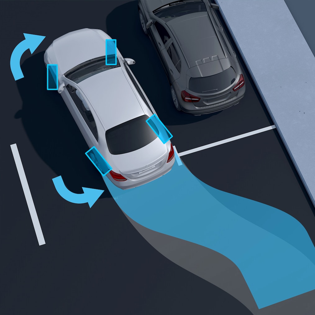 Uma ilustração do sistema de direção do eixo traseiro do EQE Sedan da Mercedes-Benz.