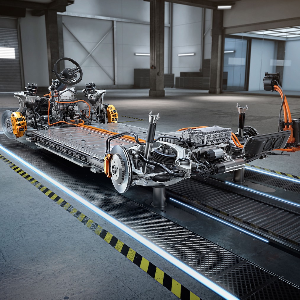 O chassis com trem de força do Mercedes-AMG EQE 53 4MATIC+ SUV.