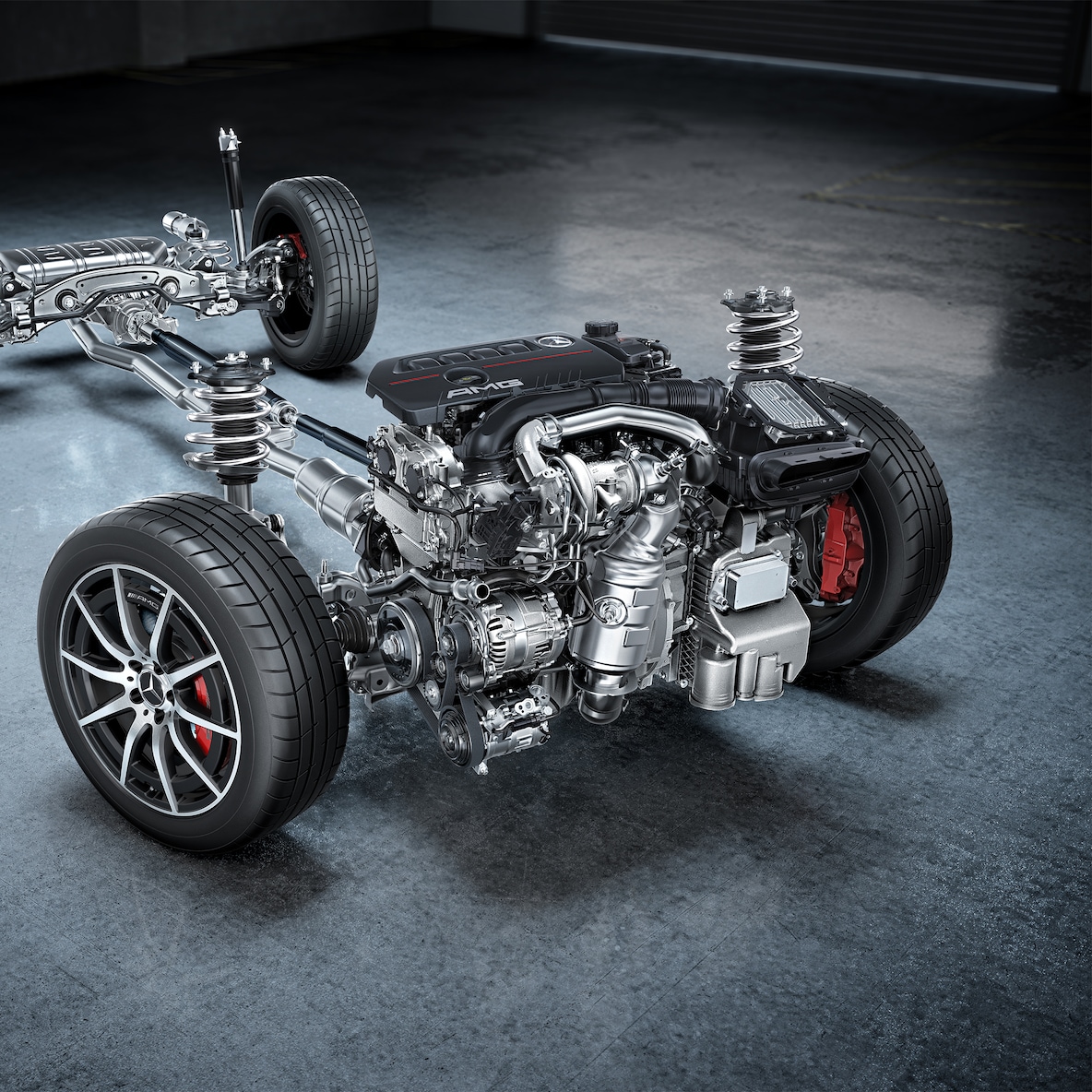 O chassi com transmissão do Mercedes-AMG GLB 35 4MATIC.