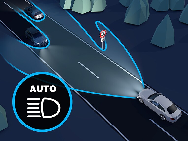 Uma ilustração do assistente adaptativo da luz alta Plus.
