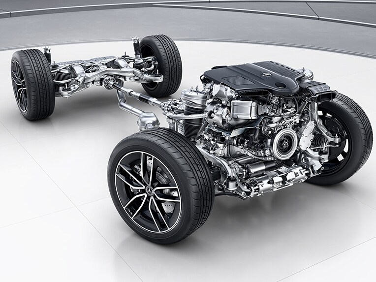 Uma ilustração do E-ACTIVE BODY CONTROL no Mercedes-Benz GLS.