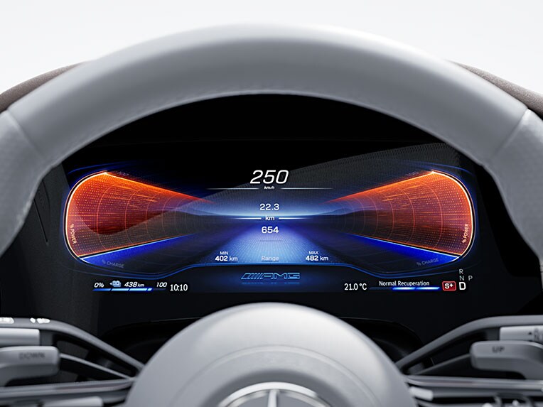O painel de instrumentos em um Mercedes-AMG com ELECTRIC-DRIVE.