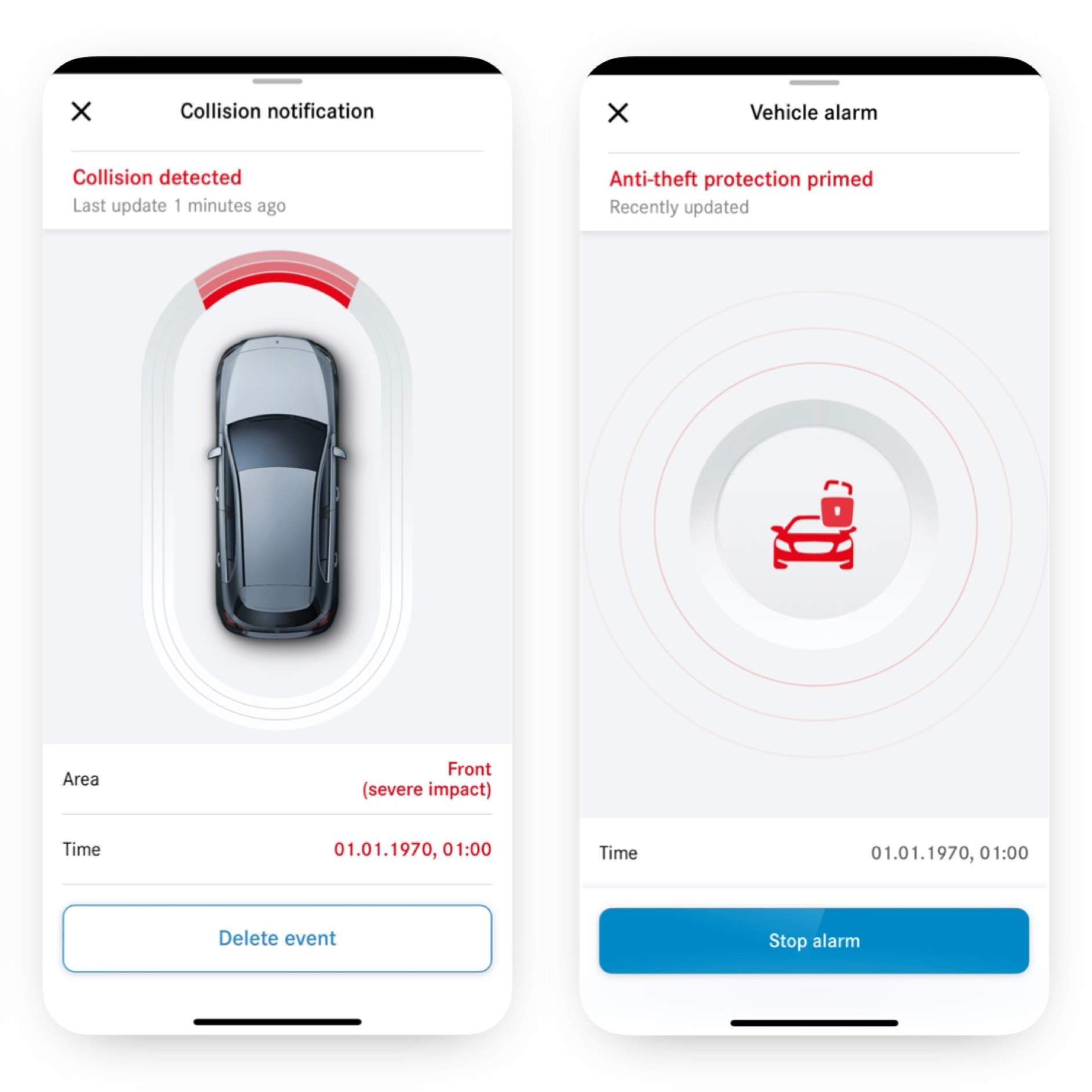 Notificação de roubo e reconhecimento de colisão | Serviços Remotos | Mercedes-Benz Em um smartphone, a ocorrência de uma colisão é indicada através da funcionalidade digital extra "notificação de roubo e reconhecimento de colisão".