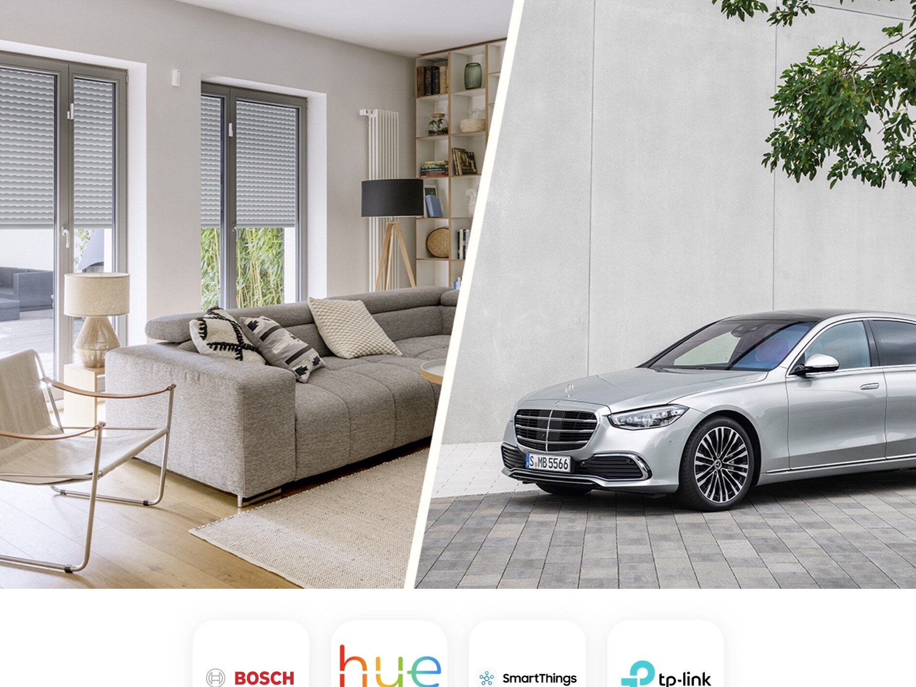 A imagem mostra uma colagem em que se vê um apartamento decorado e um veículo da Mercedes. Também se veem os diferentes fornecedores de Ecosistema automação do lar que cooperam com a Mercedes-Benz.