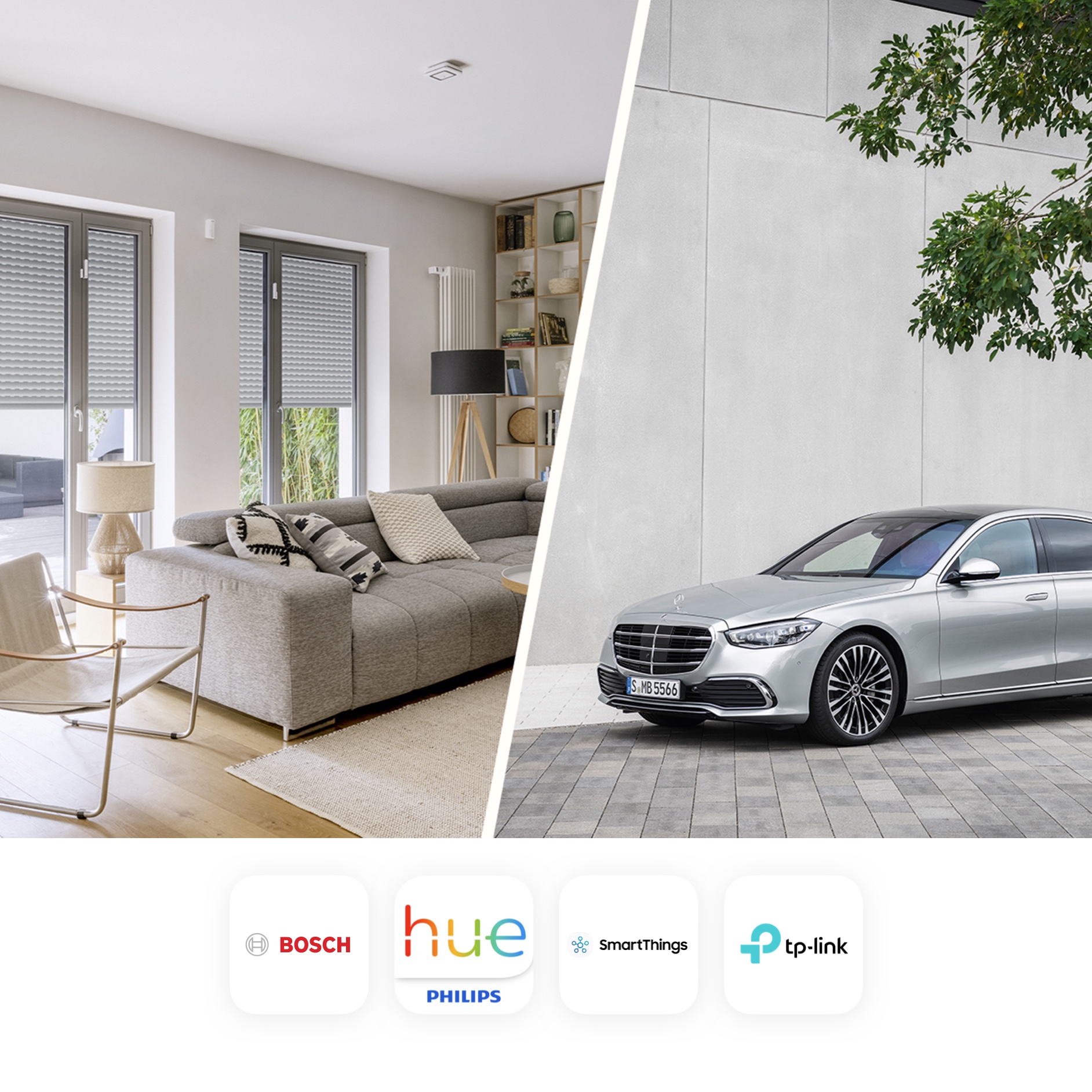 Assistente de voz MBUX | Mercedes me A imagem mostra uma colagem em que se vê um apartamento decorado e um veículo da Mercedes. Também se veem os diferentes fornecedores de Ecosistema automação do lar que cooperam com a Mercedes-Benz.