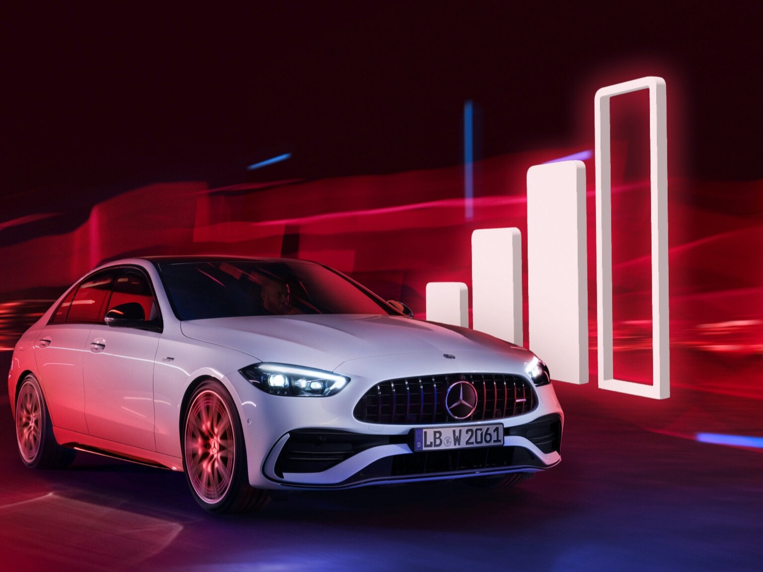 Um Mercedes-Benz passa pela visualização de uma barra de sinal.