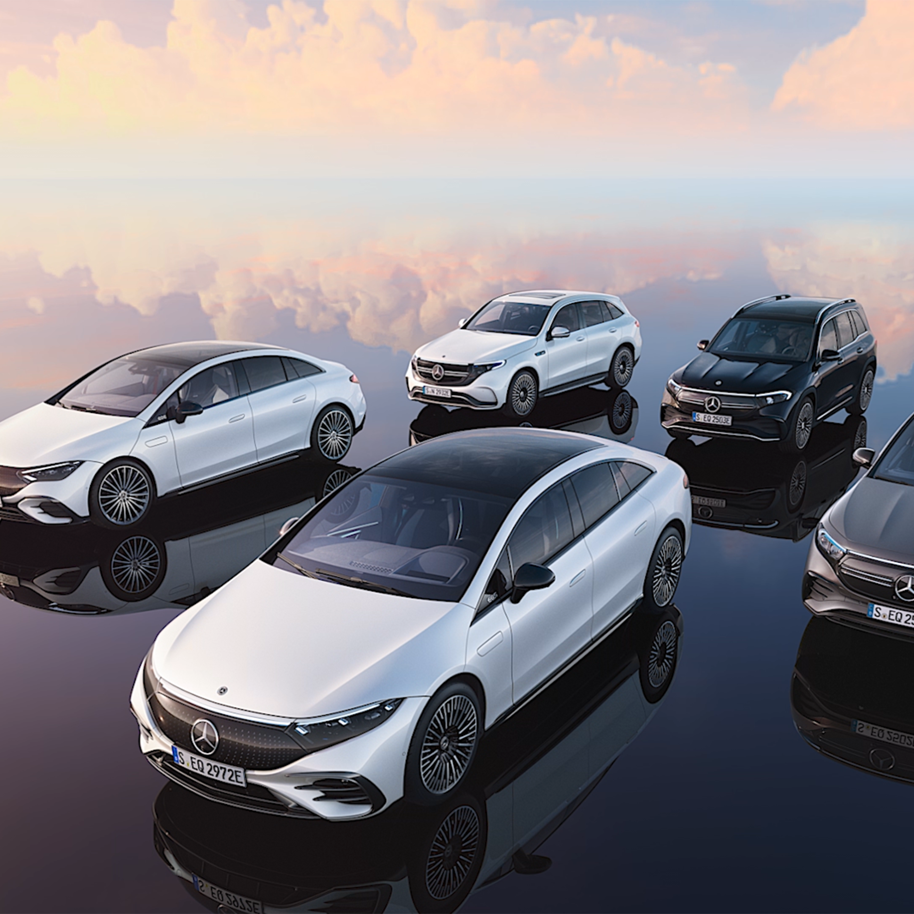 Mercedes-EQ | Vista geral Vista frontal lateral dos modelos Mercedes-EQ